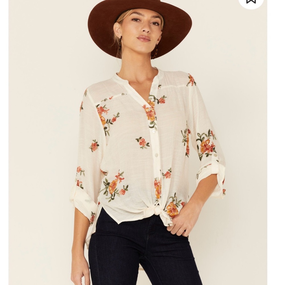 Fig and Flower button down gauze tunic top floral embroidery ivory cream plus